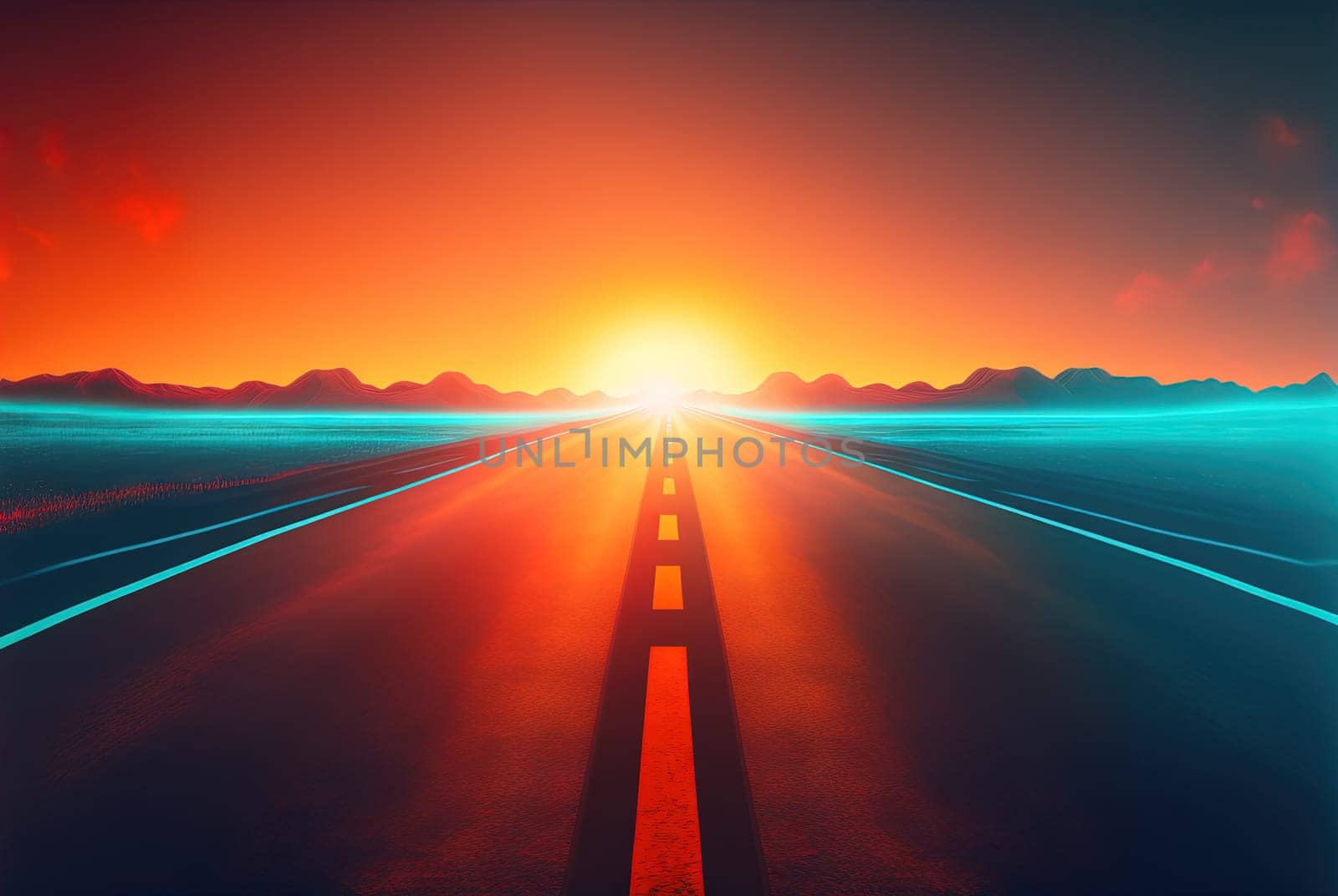 Road to the horizon concept with synthwave colors. Abstract background with surreal night way in 80s style. Generated AI. by SwillKch