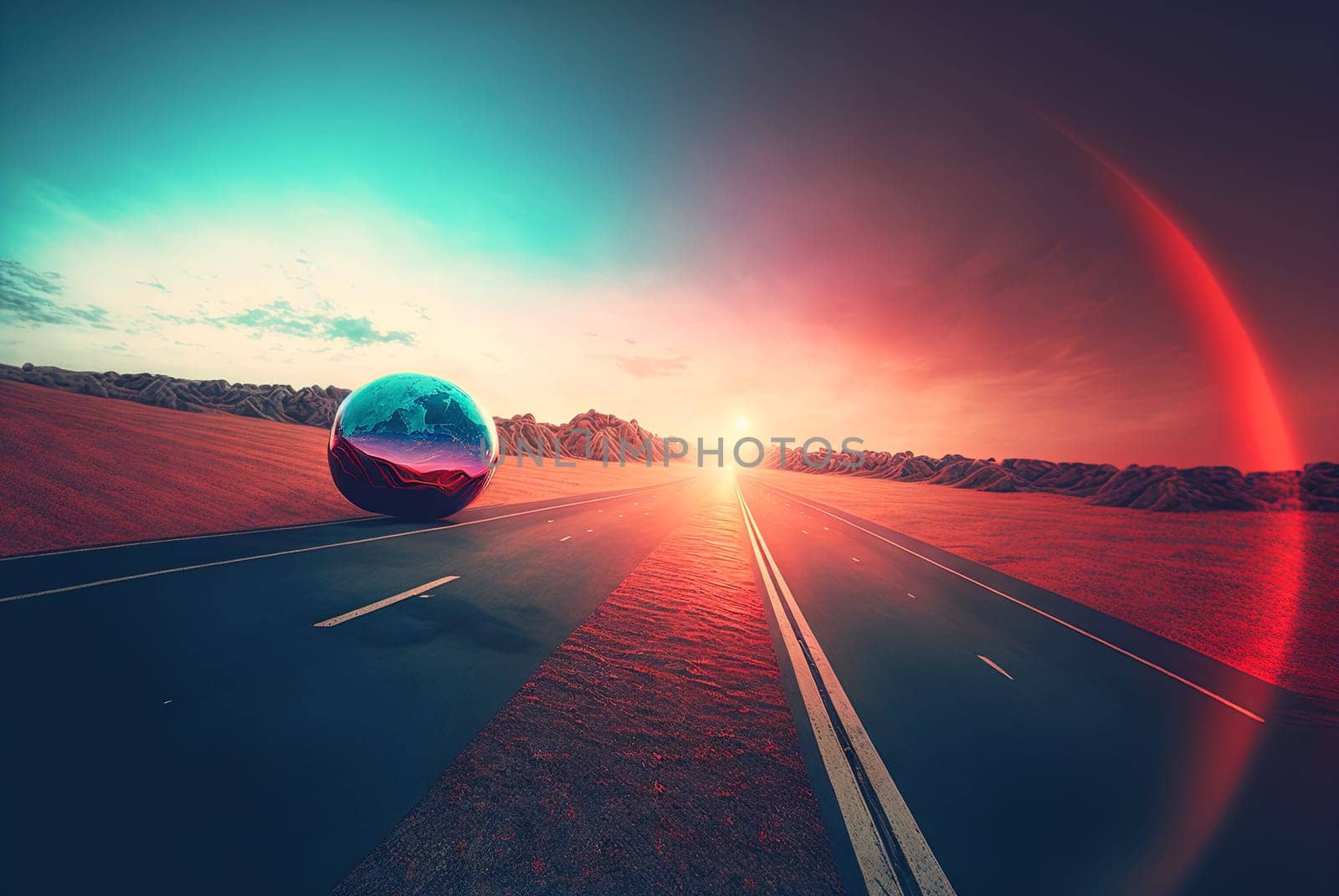 Road to the horizon concept with synthwave colors. Abstract background with surreal night way in 80s style. Generated AI. by SwillKch