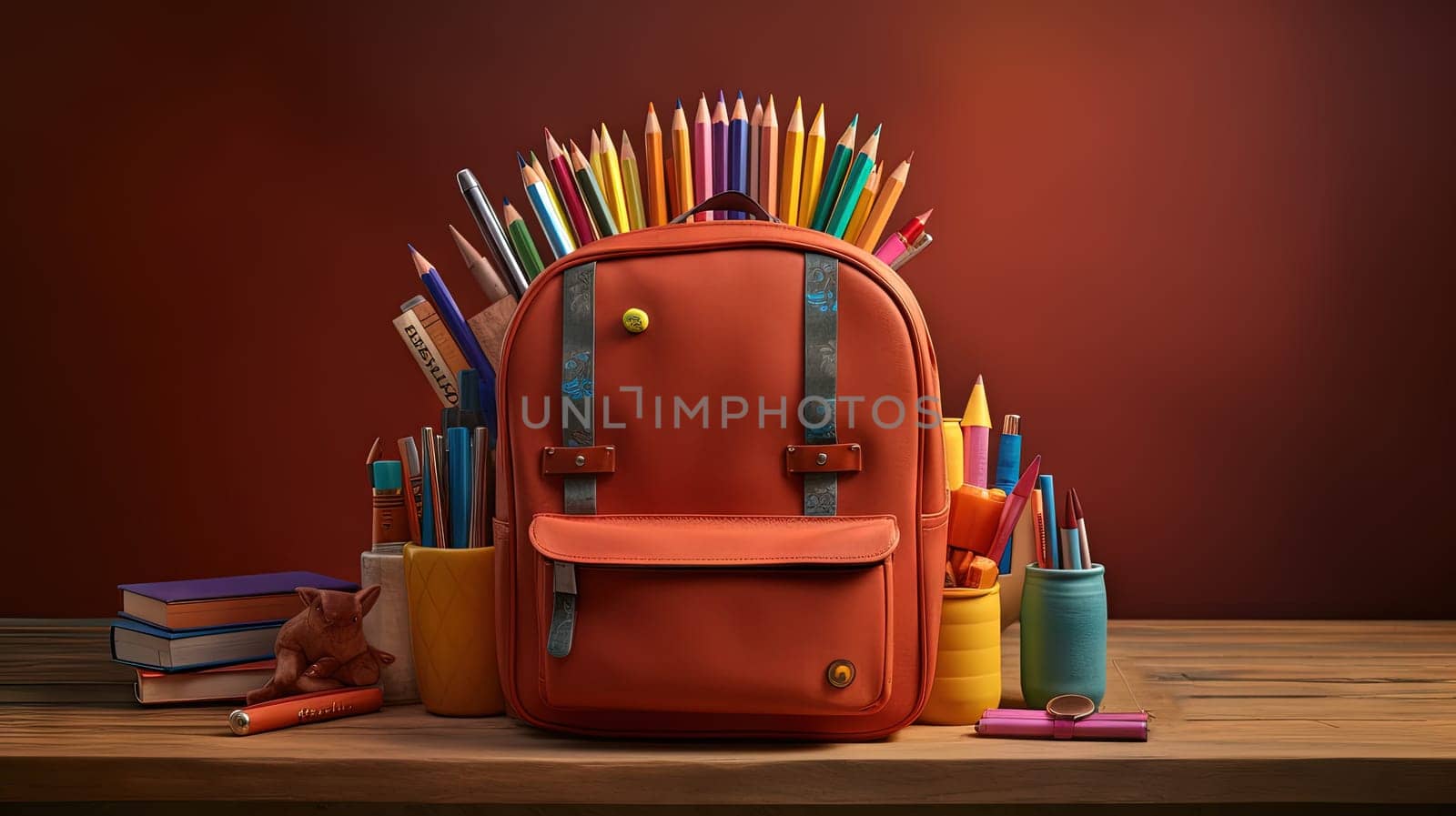 School backpack with colorful learning supplies. Back to school concept. Generated AI. by SwillKch