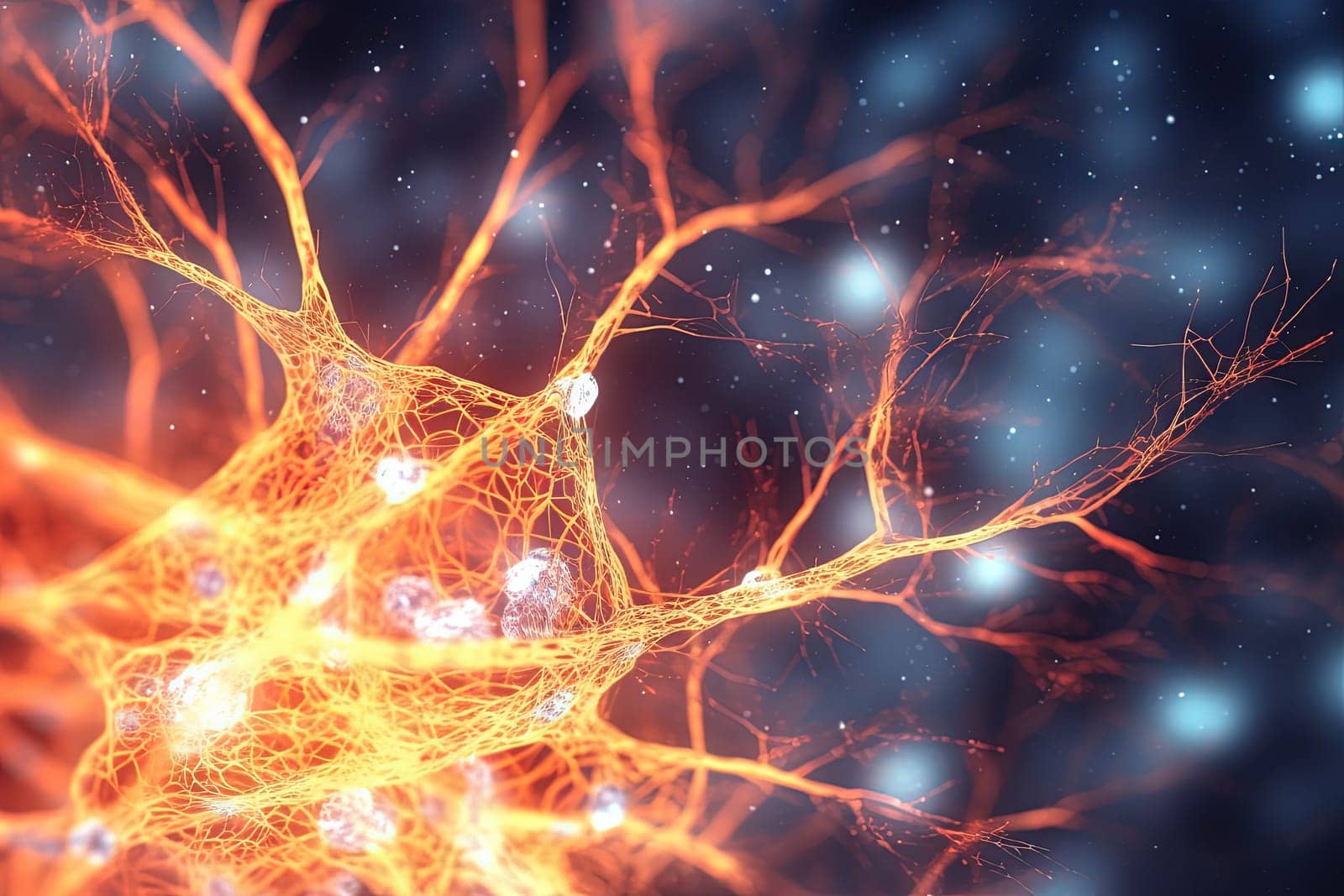 Science and medicine abstraction with neurons transmitting synapse signal. Neural system with impulse going through nerve cell. Generated AI