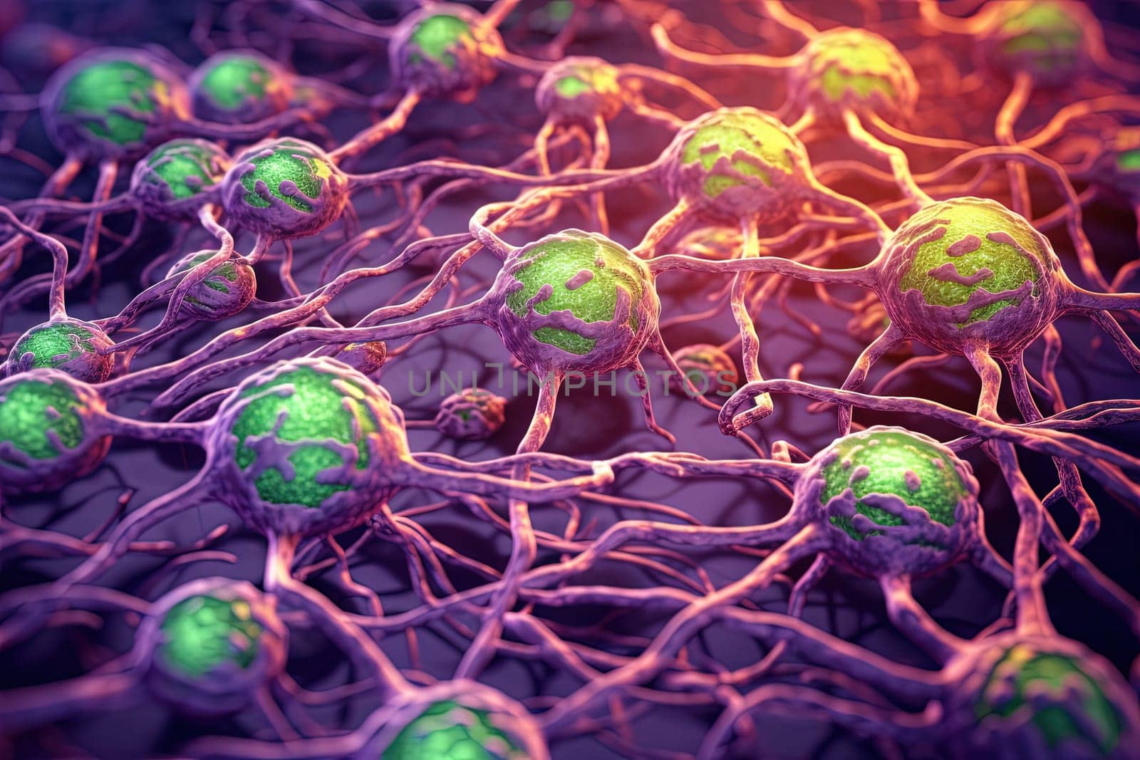 Science and medicine abstraction with neurons transmitting synapse signal. Neural system with impulse going through nerve cell. Generated AI