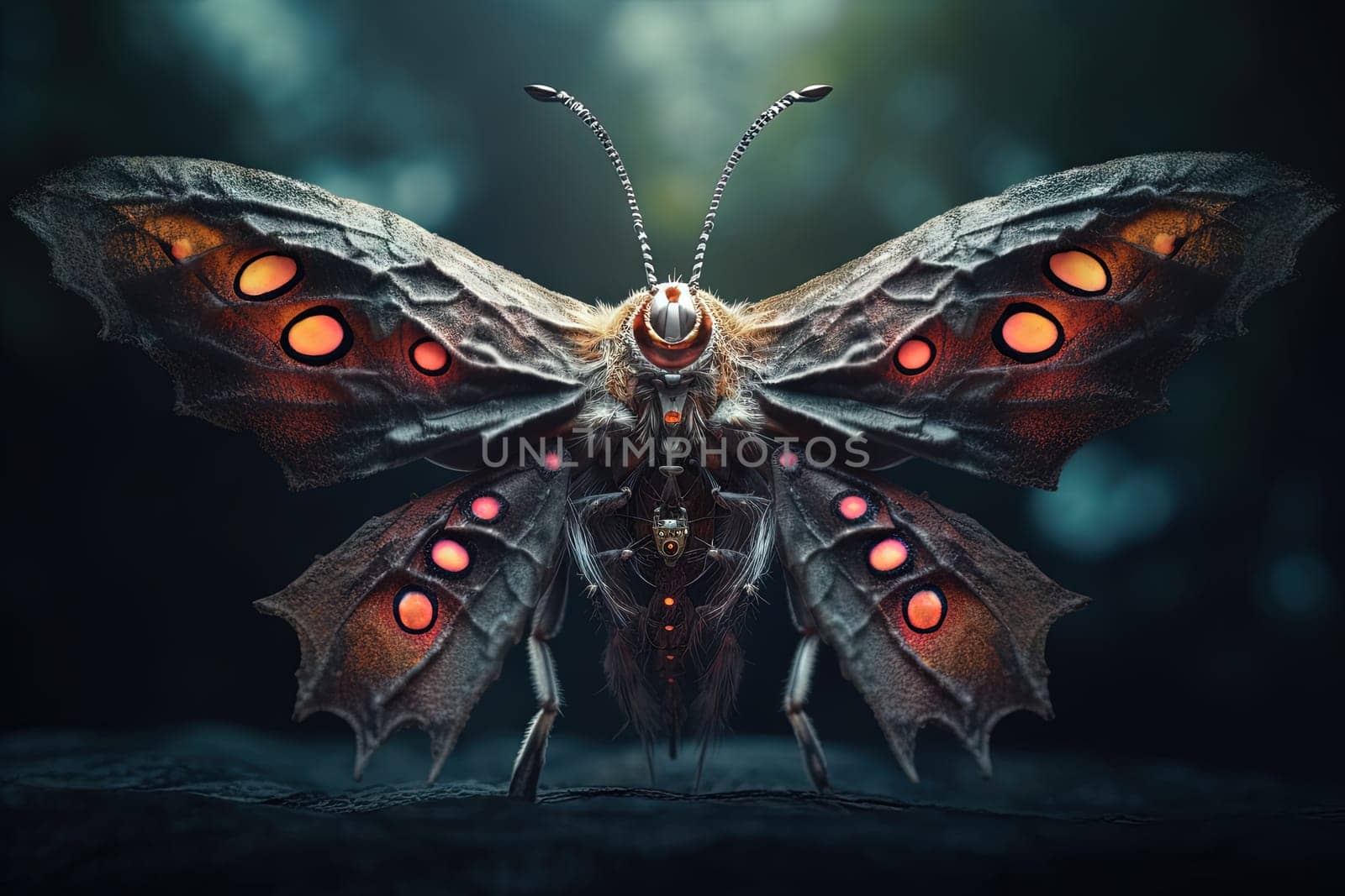 Alien butterfly from outer space looking at the camera. Cute alien insect macro image. Generative AI. by SwillKch