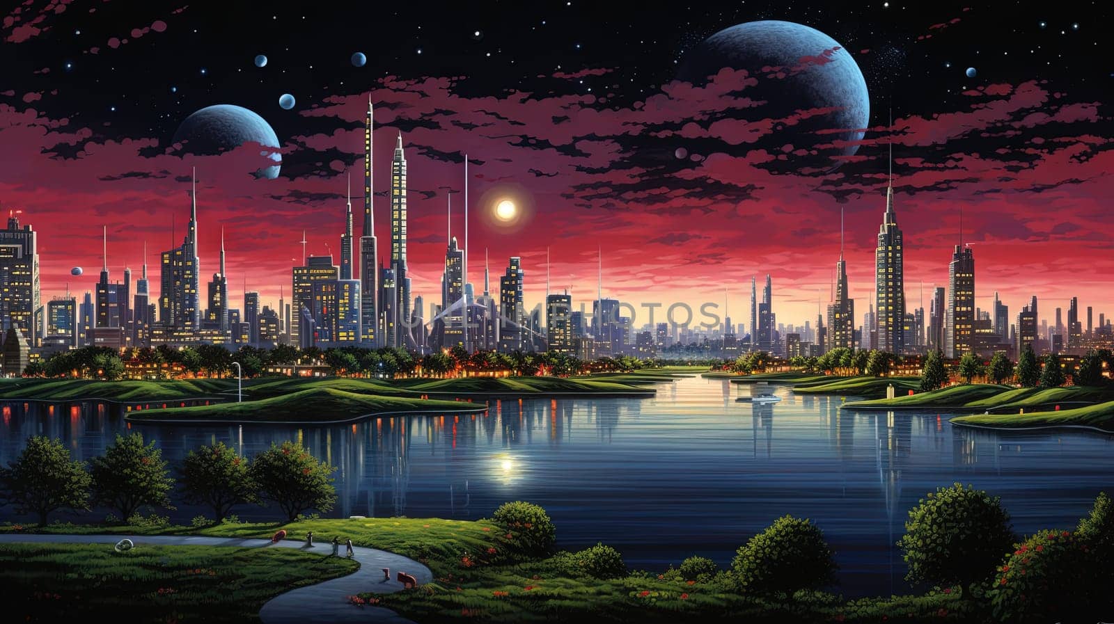 Retro futuristic city in the old school sci-fi art scene. Retro space landscape with city. Generated AI