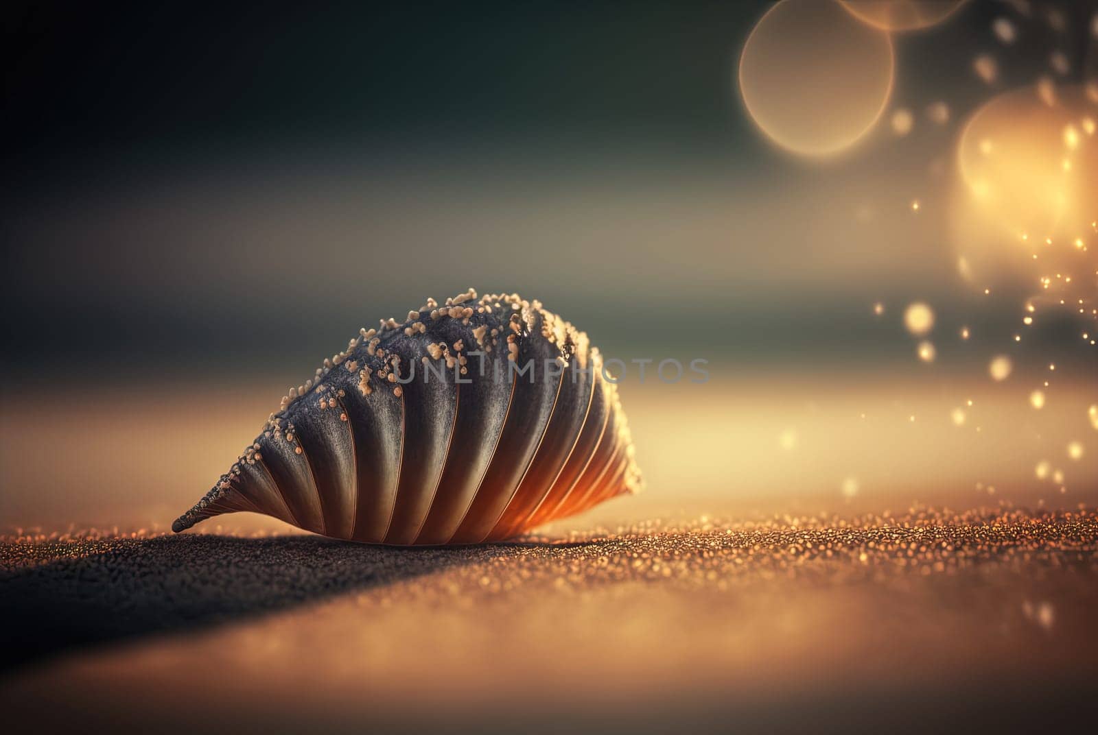 Surreal shell on the beach. Abstract clam with filigree shape on the sand. Generated AI. by SwillKch
