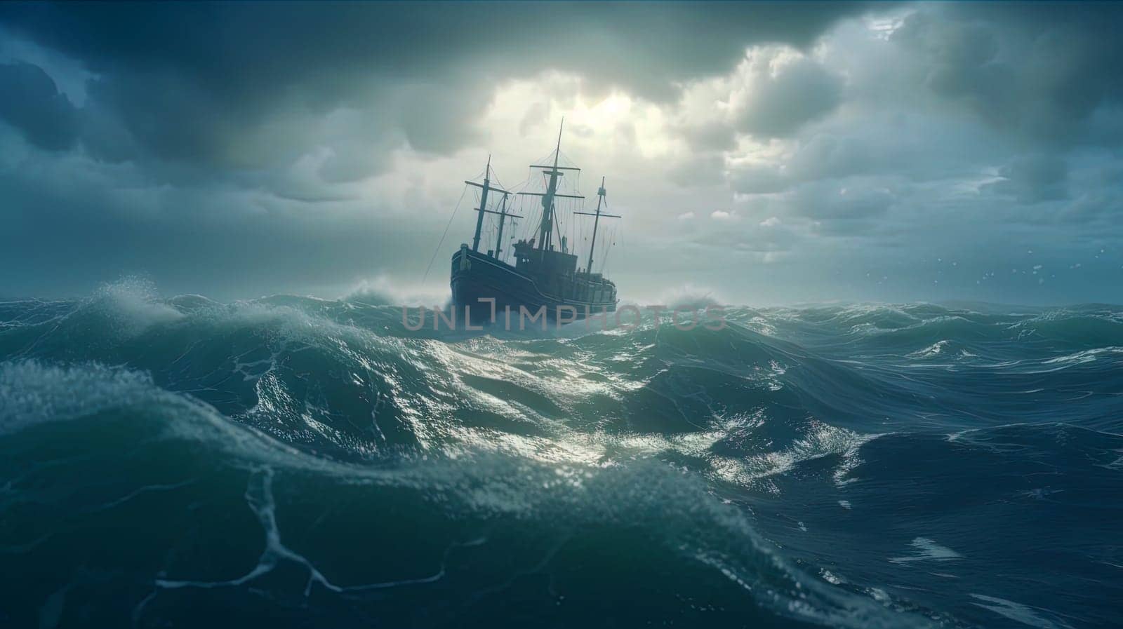Ship in the stormy sea with huge waves. Giant stormy waves in the ocean and boat. Generated AI