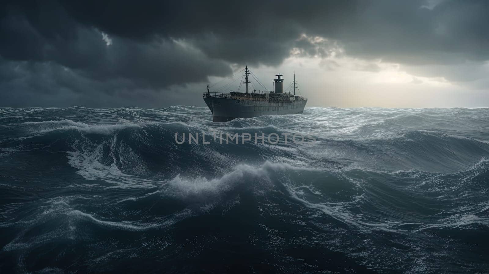 Ship in the stormy sea with huge waves. Giant stormy waves in the ocean and boat. Generated AI