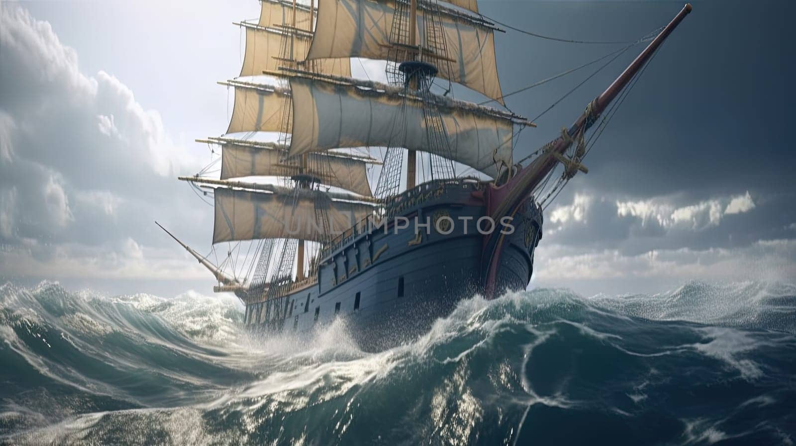 Ship in the stormy sea with huge waves. Giant stormy waves in the ocean and boat. Generated AI