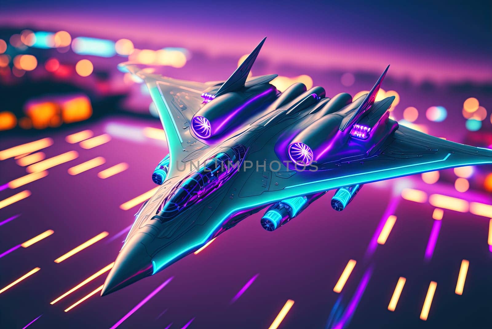 Battle spaceship with neon lights. Futuristic flight in space. Background with sci-fi spacecraft. Generated AI. by SwillKch