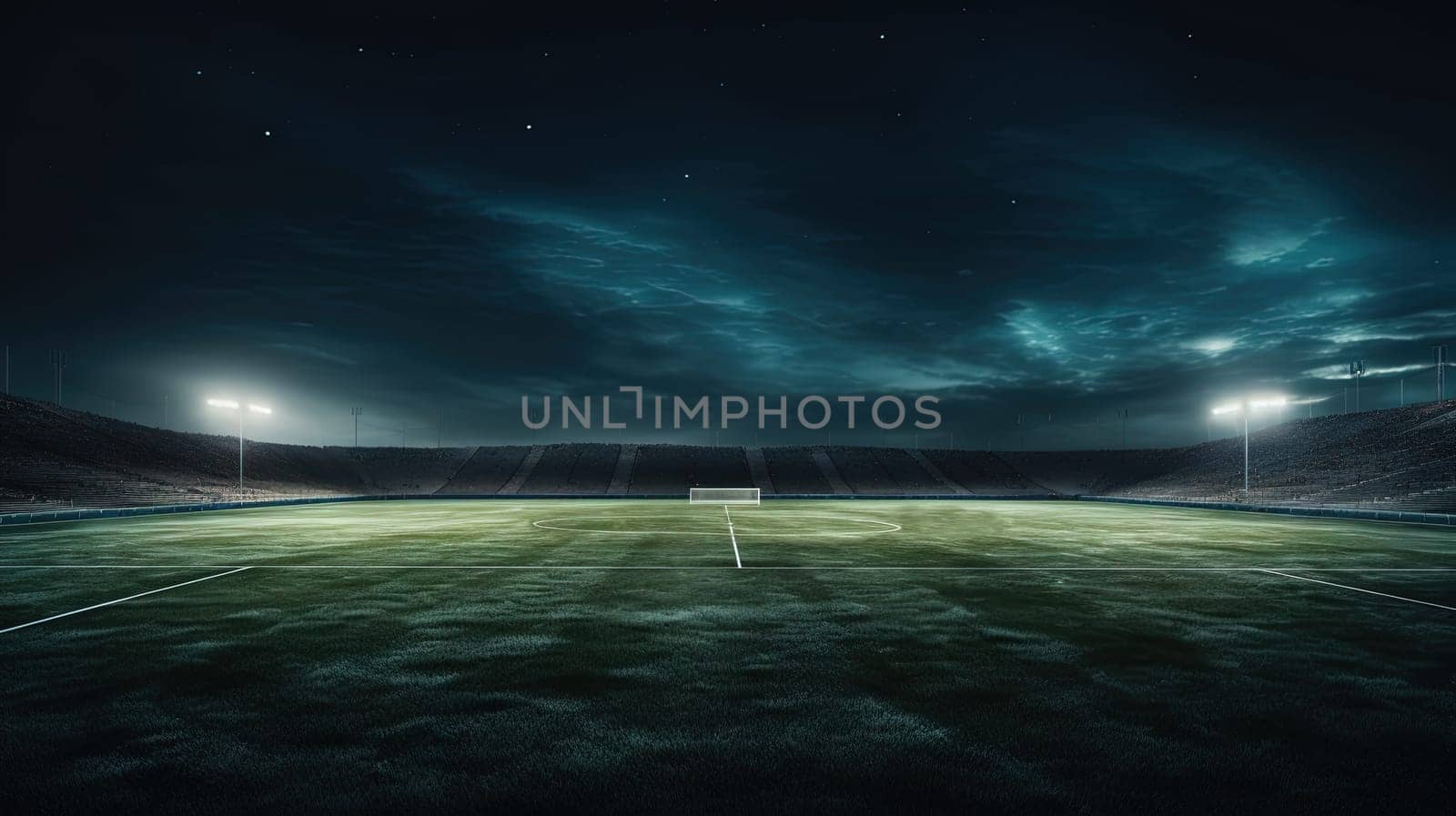 Illuminated stadium with green grass in the evening before the sport game championship. Generated AI