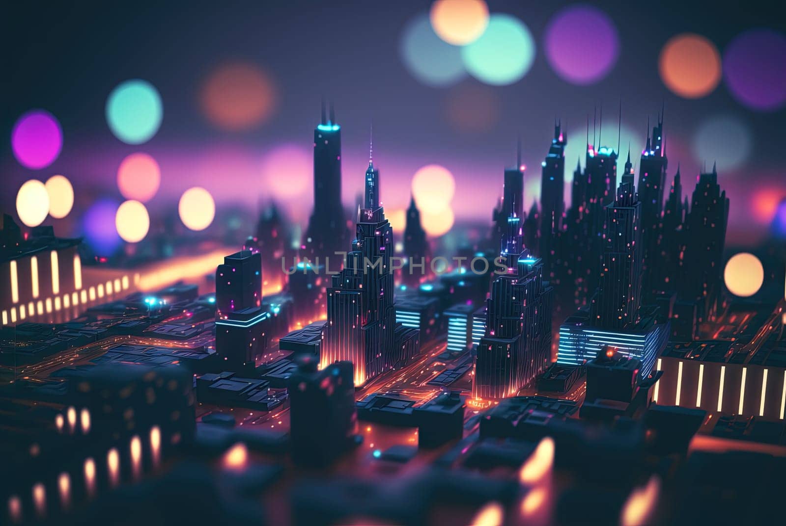 Abstract neon city aerial view. Technology concept of night cityscape with blue lights in synthwave style. Generated AI