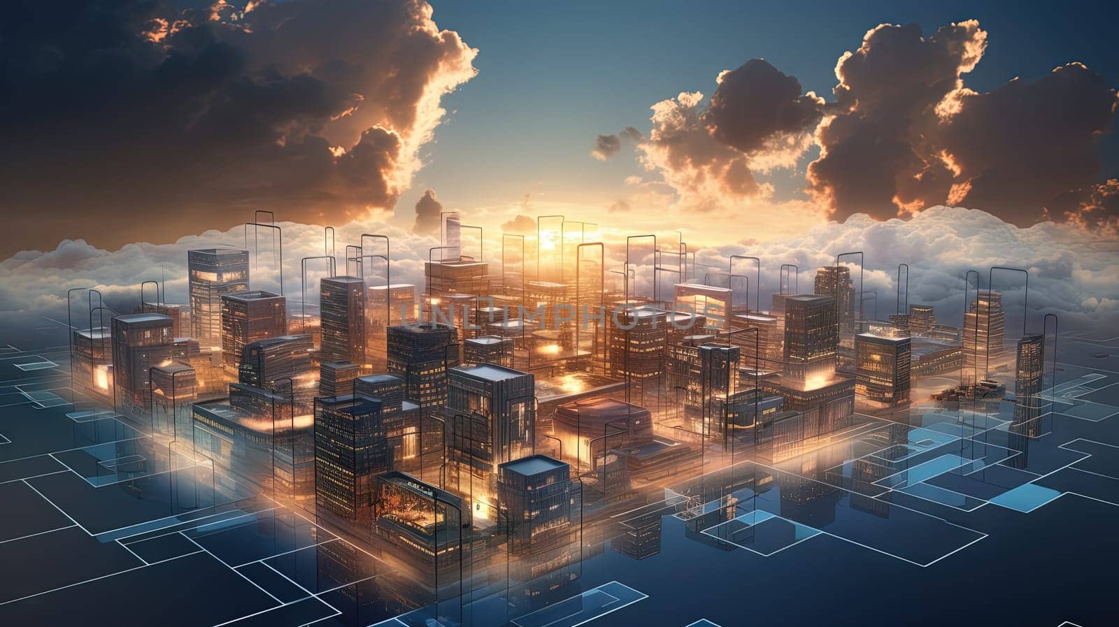 Concept of a digital city with cloud connections. Futuristic network in the clouds. Generated AI