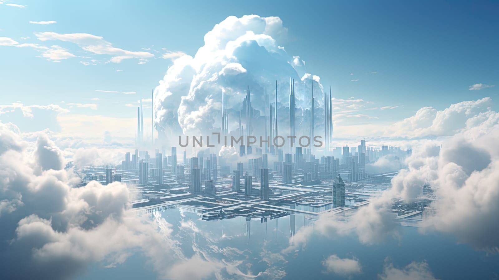 Concept of a digital city with cloud connections. Futuristic network in the clouds. Generated AI