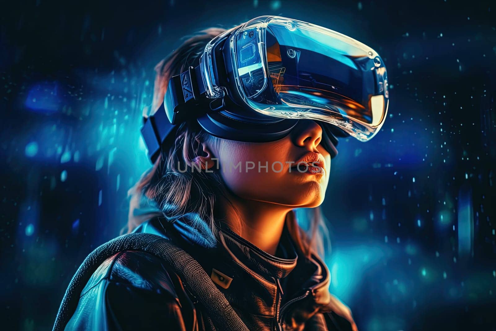 VR goggles technology concept with wearable glasses device. Virtual reality futuristic immersive experience. Generated AI. by SwillKch