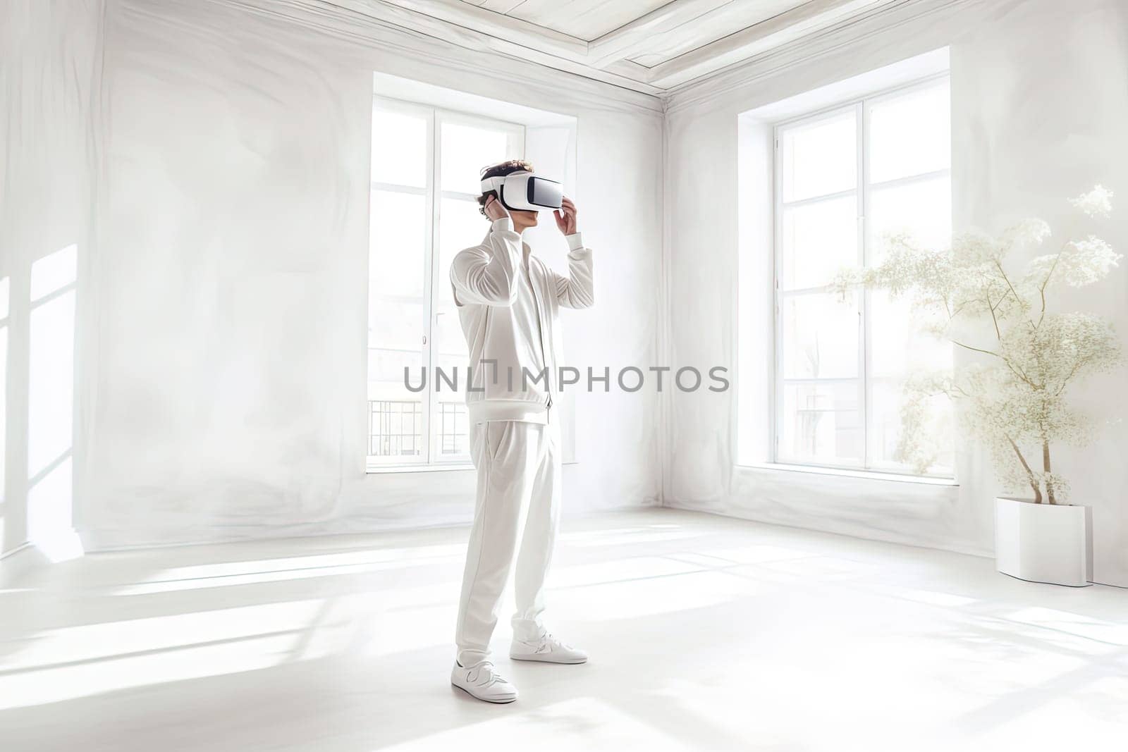 VR goggles technology concept with a person wearing virtual reality glasses device in white room. Generated AI. by SwillKch