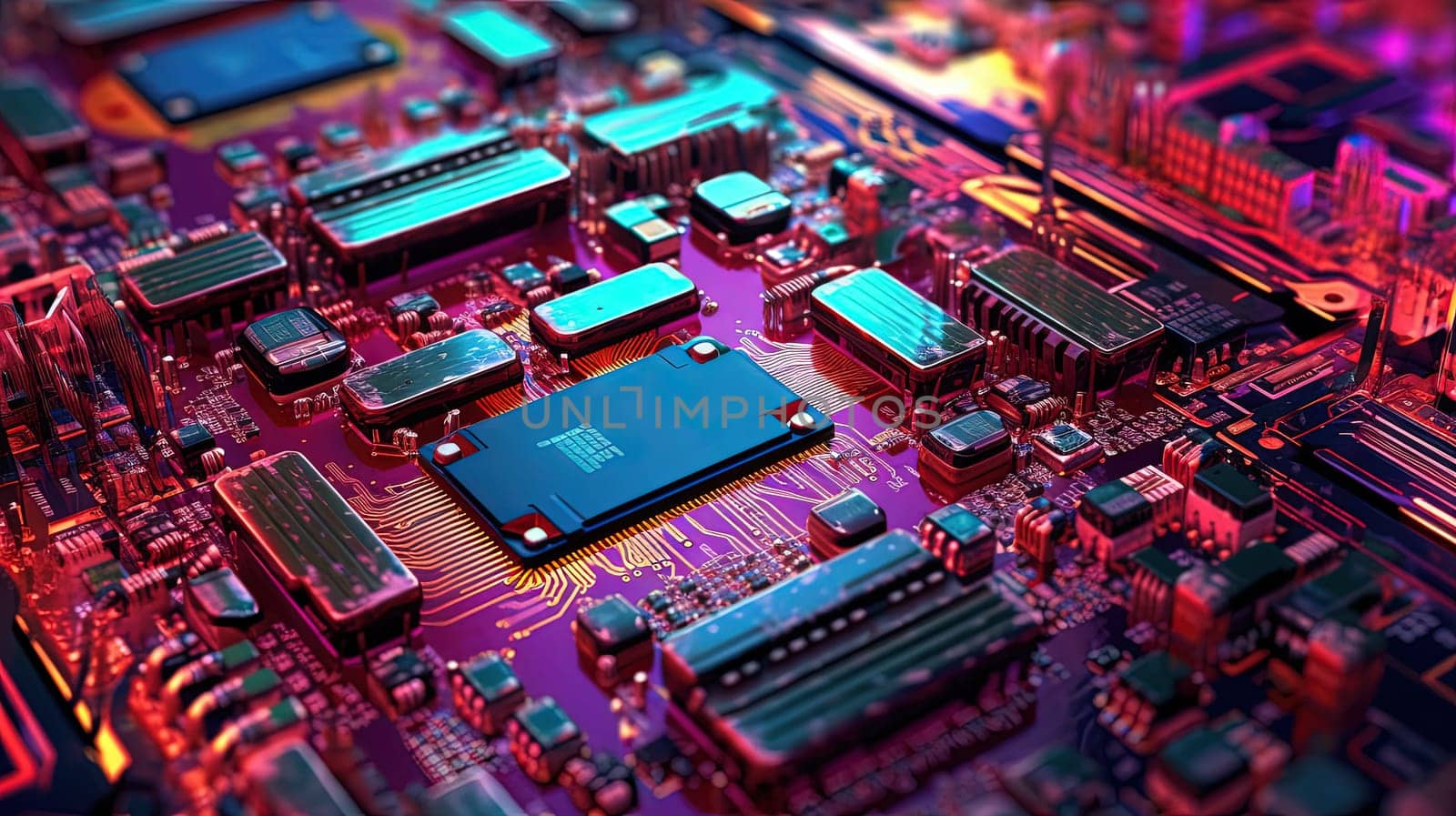 Motherboard with chips and connections in purple and blue neon lights. Technology background with microchips on hardware circuitboard. Generated AI. by SwillKch
