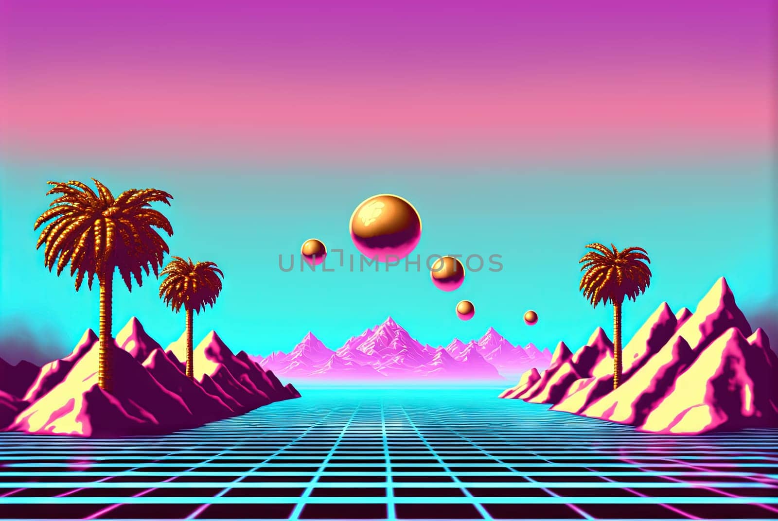 Abstract vaporwave scene with golden ball on the landscape with mountains. 80s styled pink and blue surreal composition. Generated AI