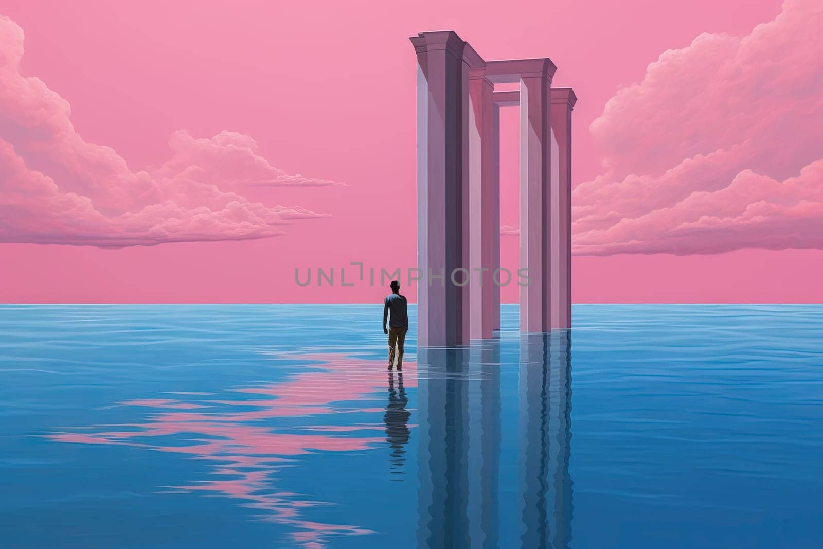Surreal vaporwave landscape with abstract architecture elements on the water. Dreamy landscape. Generated AI. by SwillKch