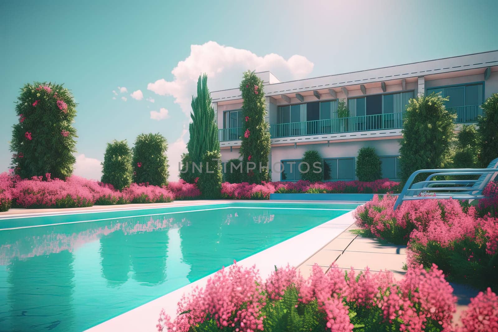 Summer hotel with pool in vaporwave style, pink and blue colors. Generated AI
