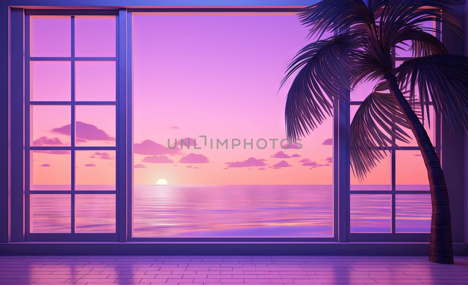 Open window with tropical landscape and ocean in vaporwave style. Purple sundown in 90s style room, vacation calmness frame. Generated AI. by SwillKch