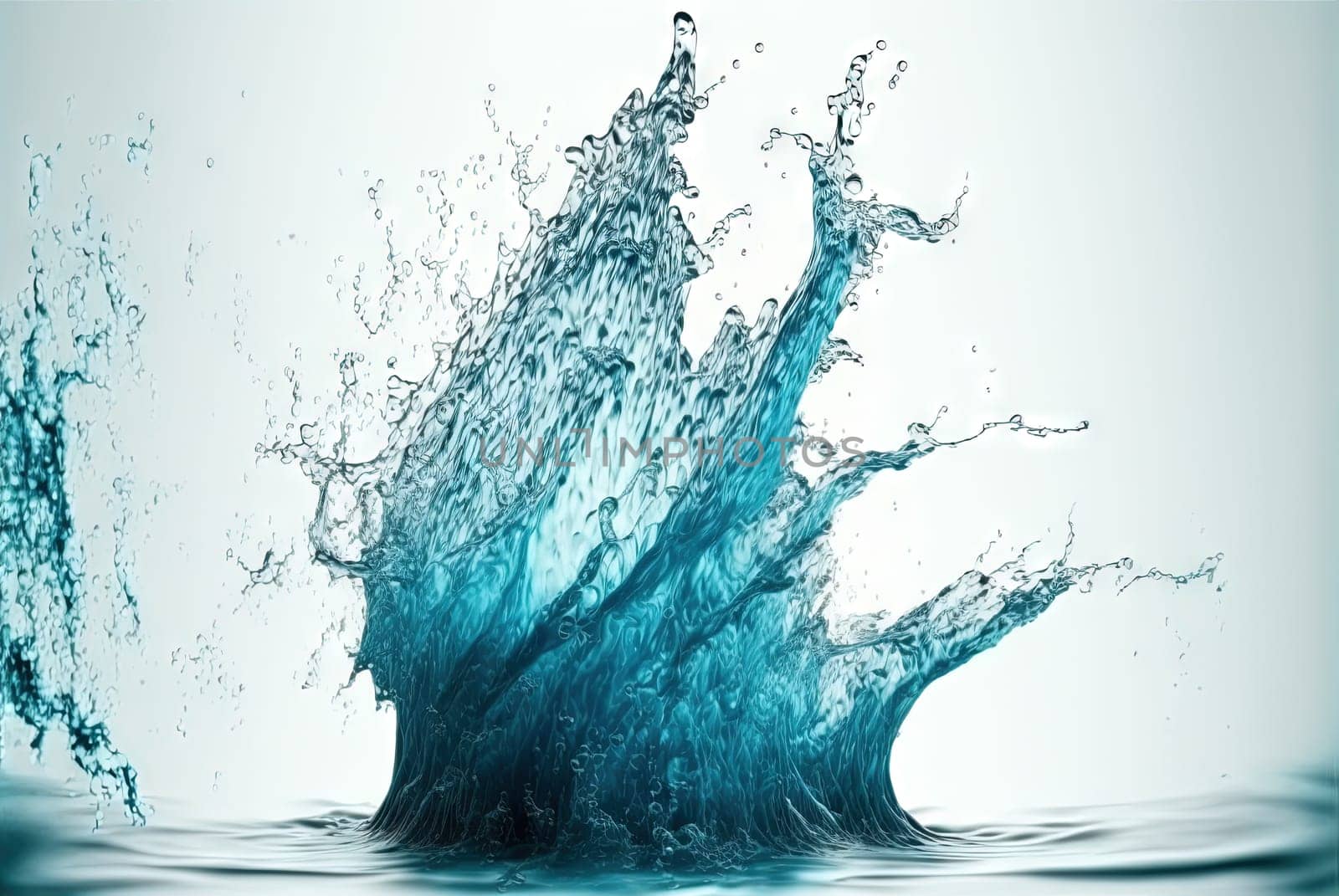 Water splash with beautiful drops flying away. Liquid motion background. Generated AI