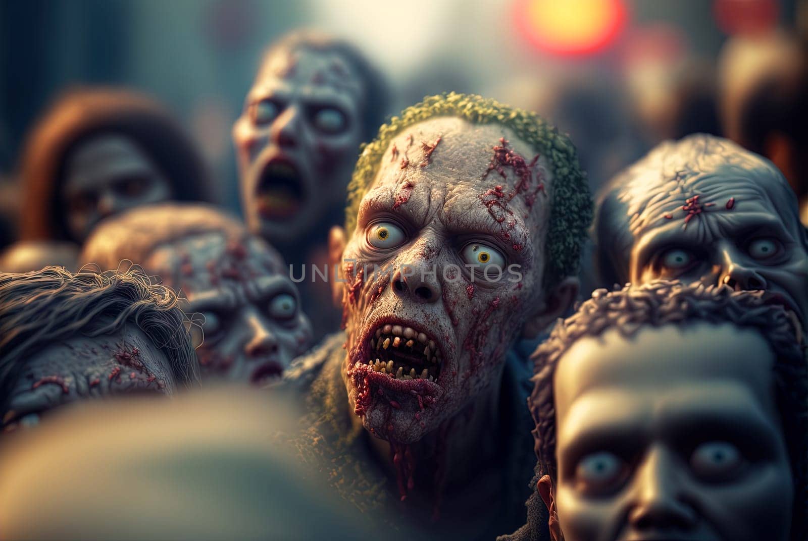 Zombies with scary faces in the crowd during the zombie apocalypse. Horror theme for Halloween or game party ad. Generated AI