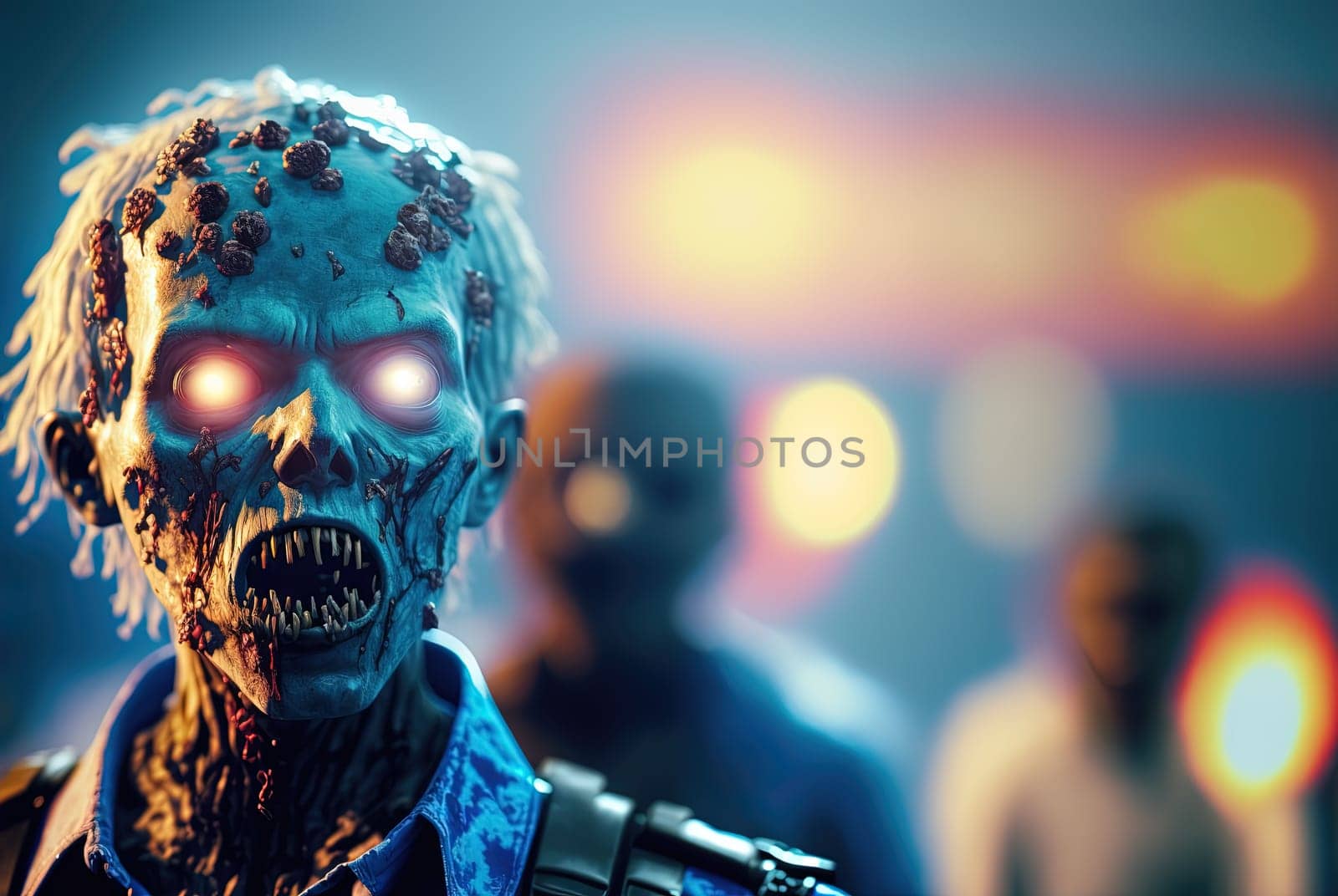 Techno zombie woth neon lights and shiny eyes. Cyberpunk horror party concept. Generated AI. by SwillKch