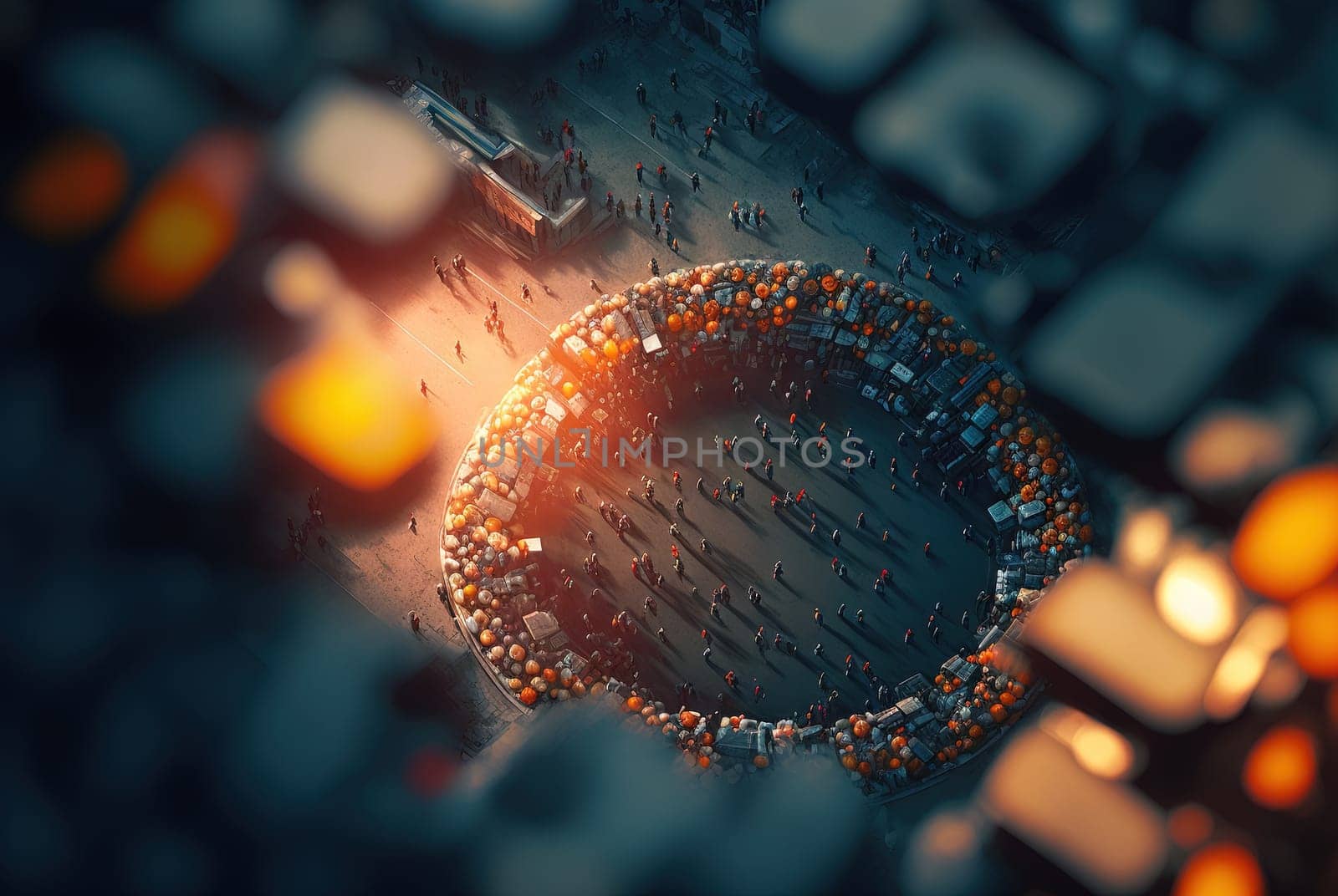 Crowd of people rioting, aerial view. Generative AI. by SwillKch