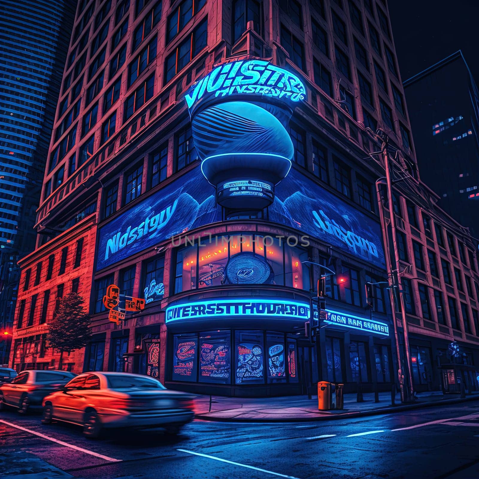 Cyberpunk styled cafe on the street corner with neon lights. Futuristic fast food restaurant with fake neon signs. Generative AI