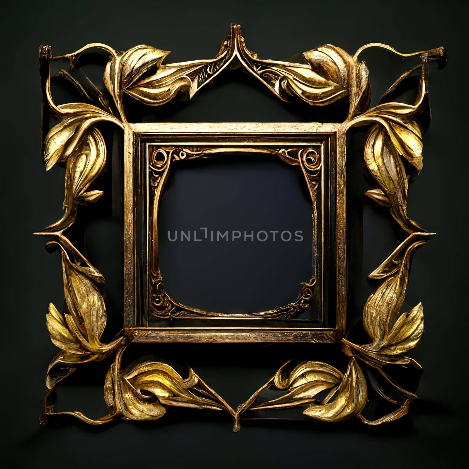 Golden ornamental frame on black bakcground. Retro golden frame with vintage ornament. Generative AI