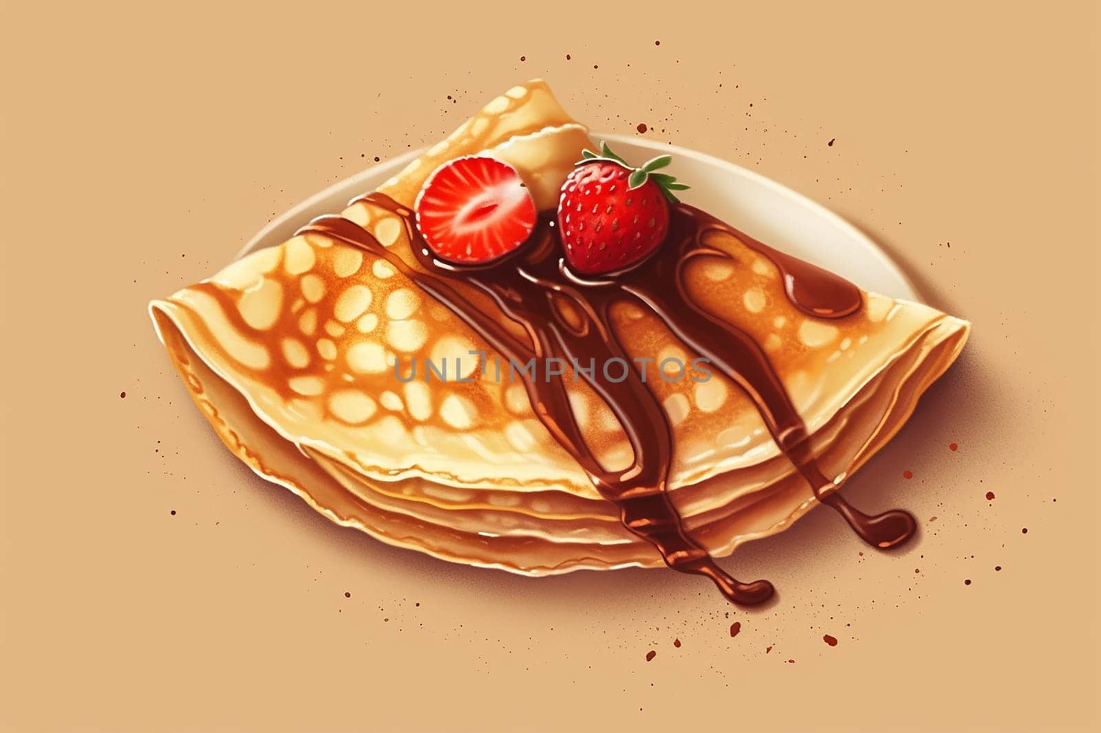 Delicious crepe with melted chocolate and fresh strawberries on top.
