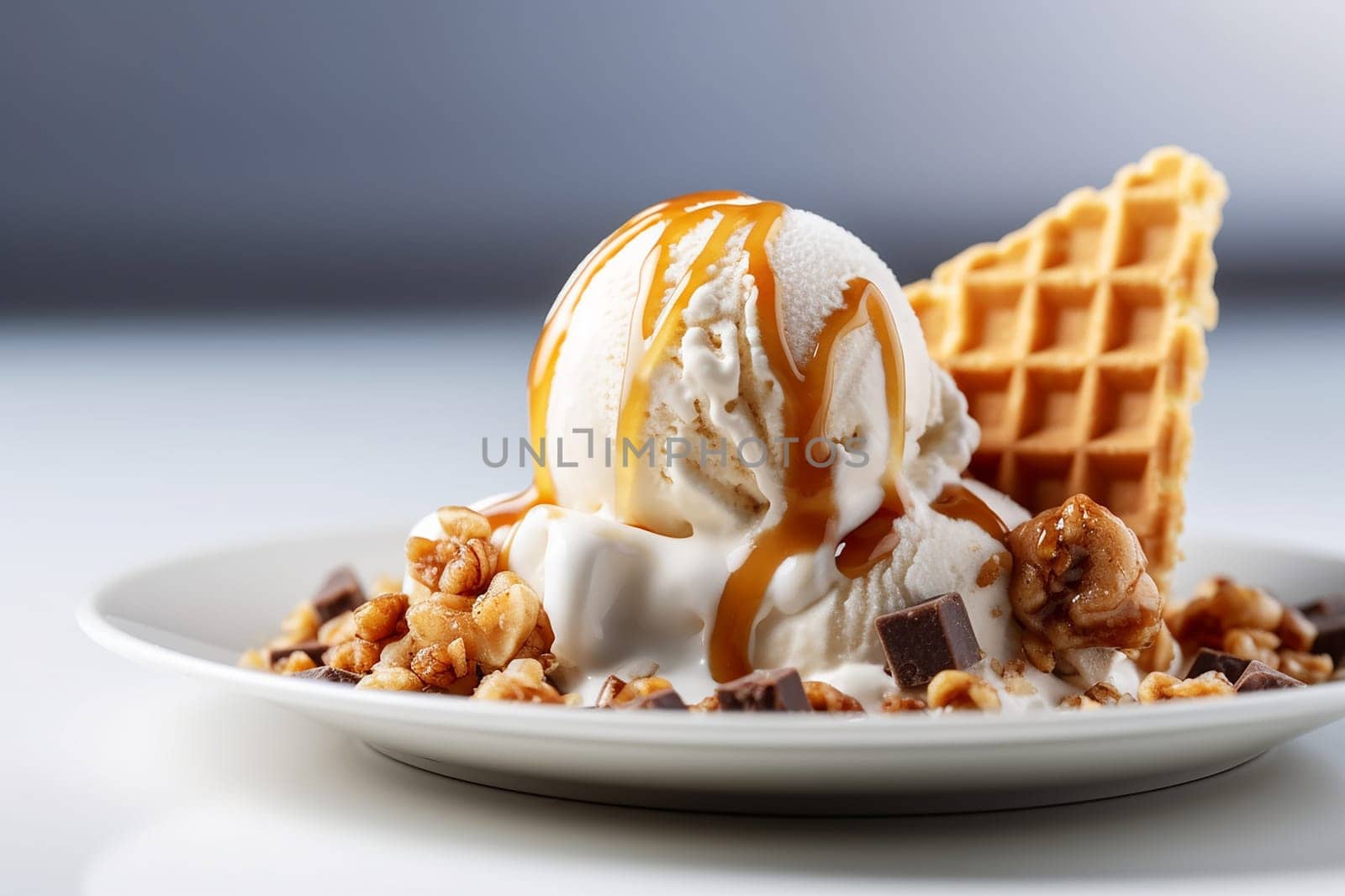 Vanilla ice cream drizzled with caramel, nuts, and chocolate; waffle addition.