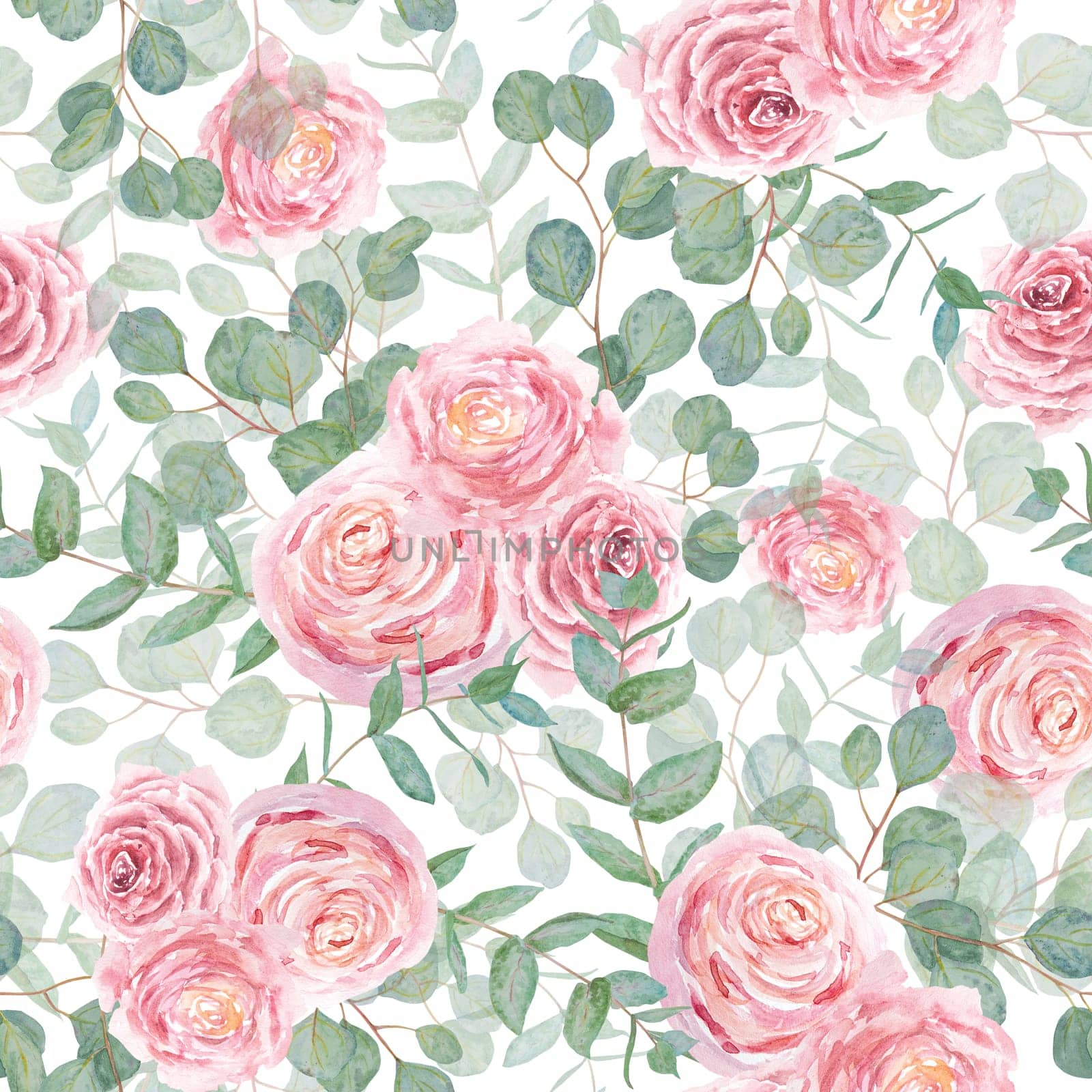 Eucalyptus and pink roses branch watercolor hand drawn floral seamless pattern. Botanical painting of greenery leaves, pink flowers. Element of wedding invitation, prints, greeting, textile, packing