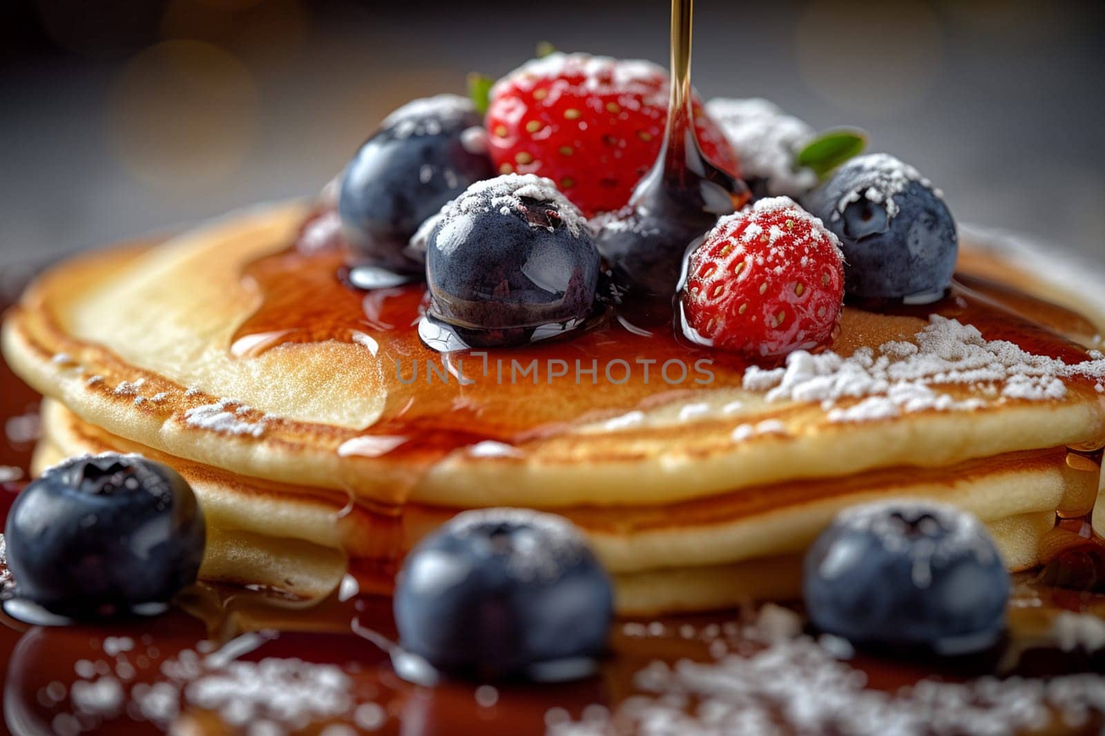 Stack of pancakes topped with berries and syrup.