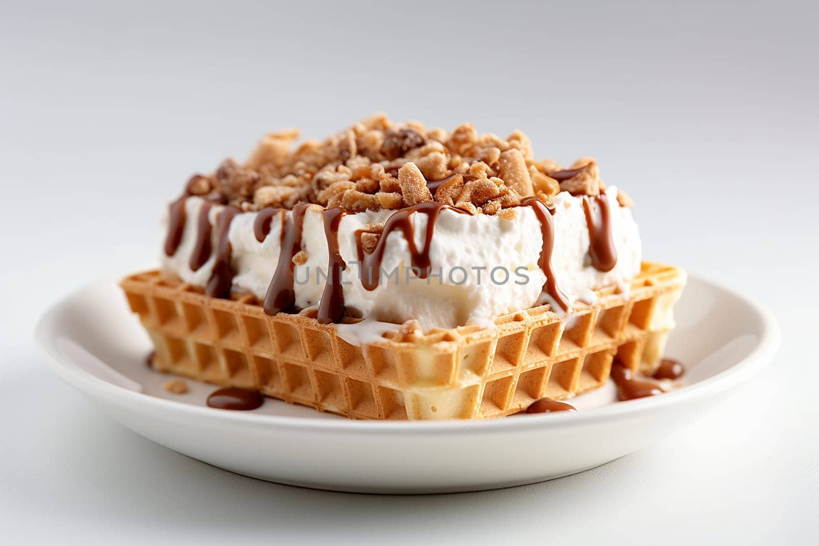 Close up Vanilla ice cream on waffles drizzled with caramel sauce and nuts. by Hype2art
