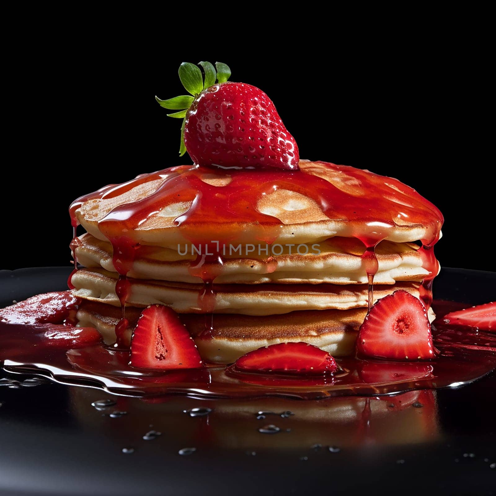 Stack of pancakes drizzled with chocolate syrup and strawberries topping