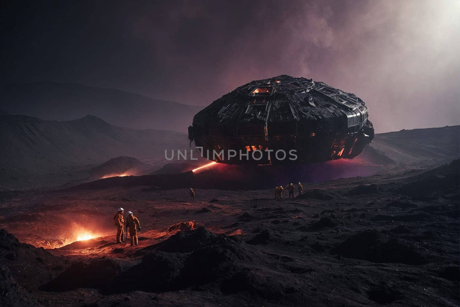 A massive unidentified object is seen resting atop a mountain peak during nighttime, casting an eerie silhouette against the dark sky.