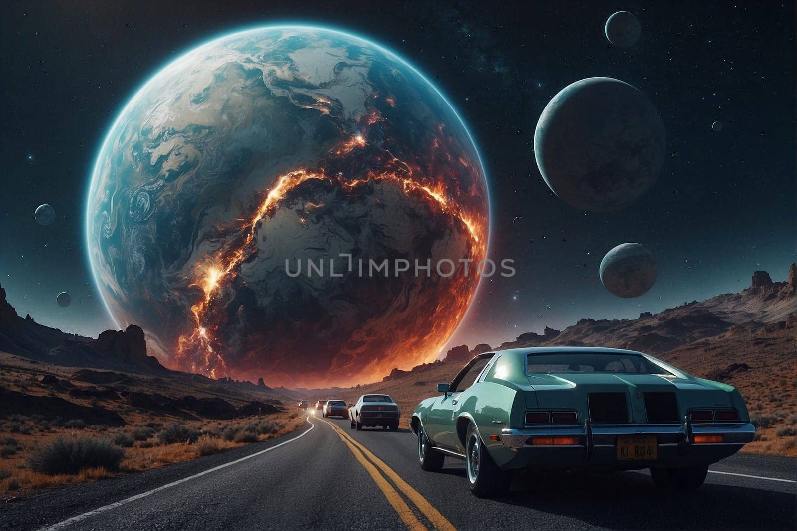 Car Driving Down Road Next to Planet. Generative AI. by artofphoto