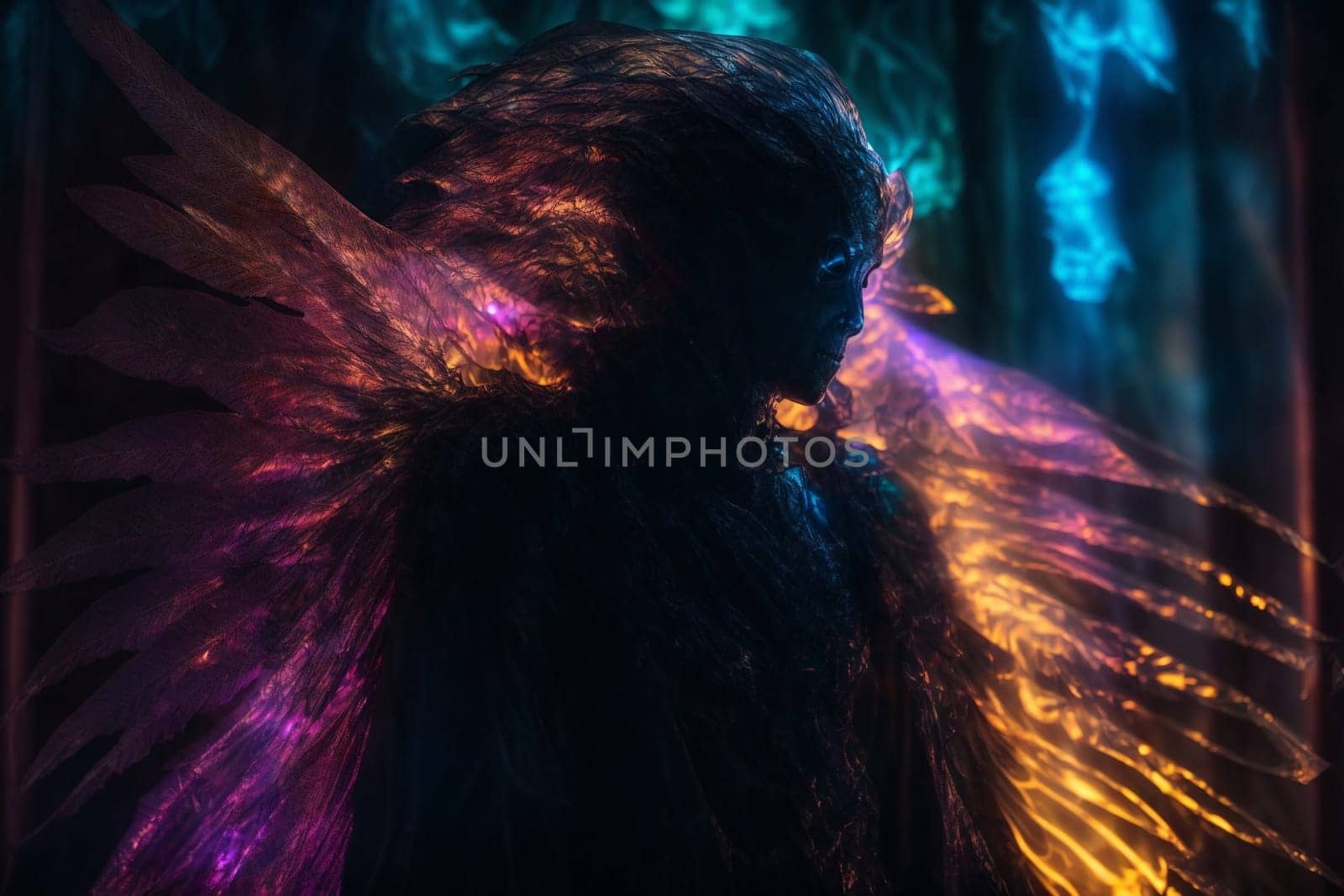 A photo of a person with wings standing in a dark room, illuminated by a single light source.