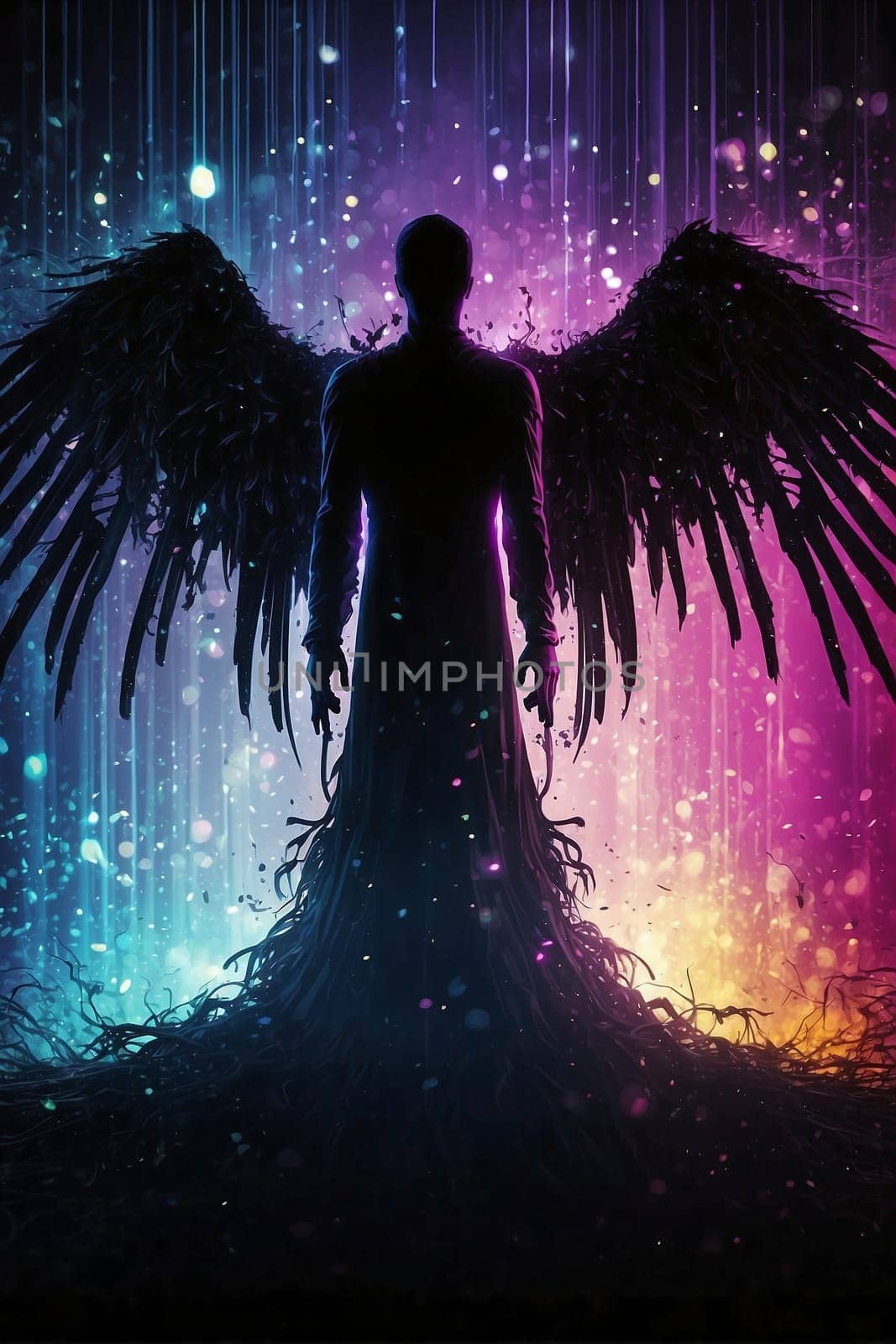 An angel stands against a vibrant backdrop, creating a striking visual composition.