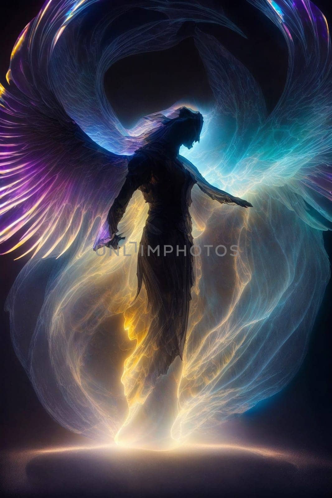 A person with wings stands confidently in front of a bright light, showcasing their unique ability.