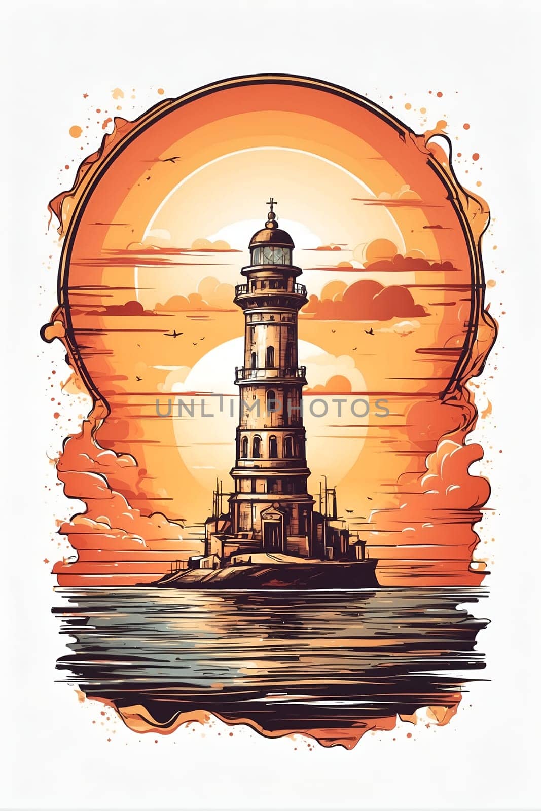 A detailed illustration capturing a lighthouse against a beautiful sunset backdrop.
