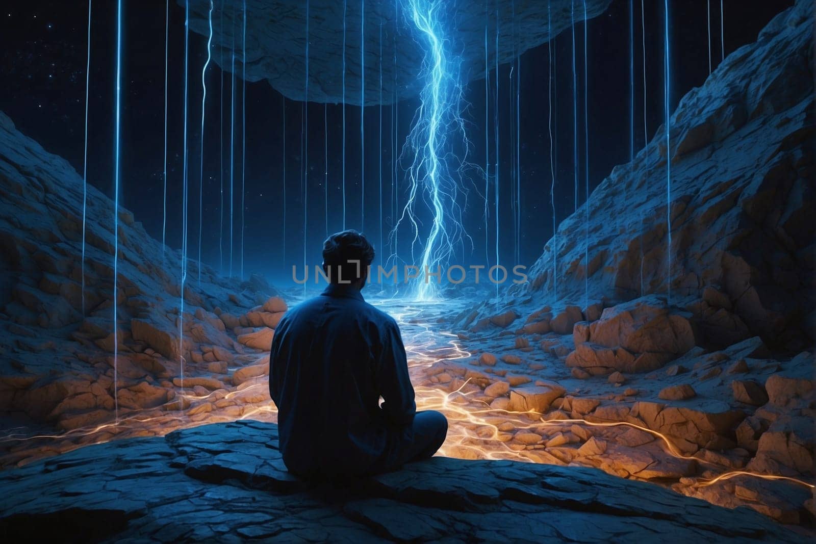 Man Sitting on Rock, Observing Lightning. Generative AI. by artofphoto