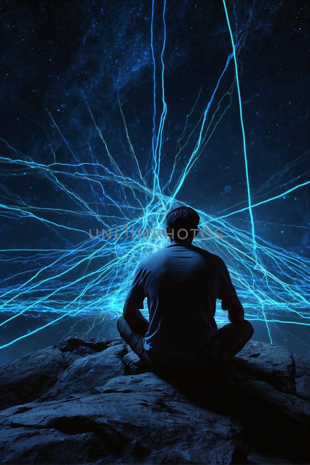 Man Sitting on Top of Rock Under Star-Filled Sky. Generative AI. by artofphoto