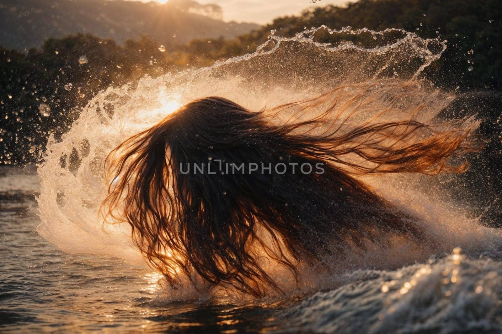 A woman is seen submerged in water with her hair floating in the air.