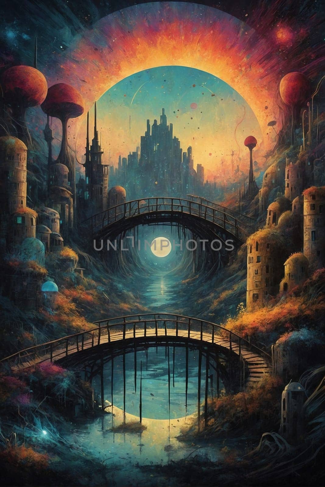 A Painting of a City With a Bridge Over a River. Generative AI. by artofphoto