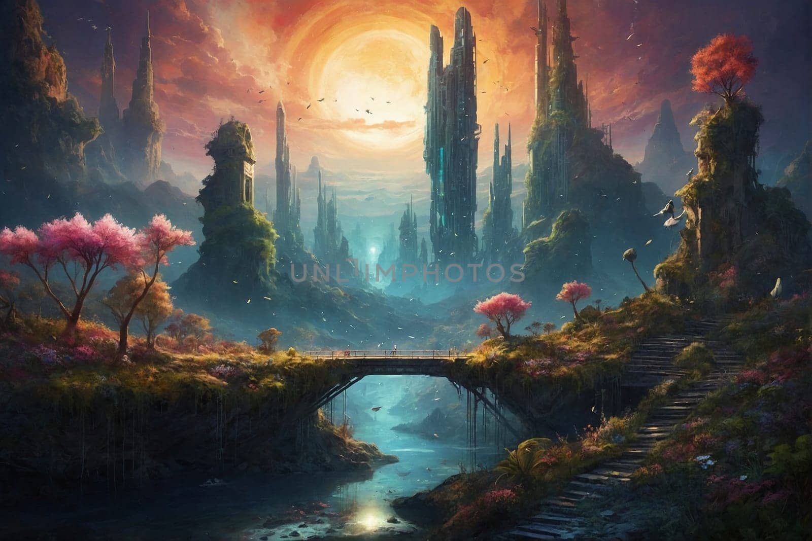 This photo depicts a fantasy landscape featuring a majestic bridge crossing over a scenic environment.
