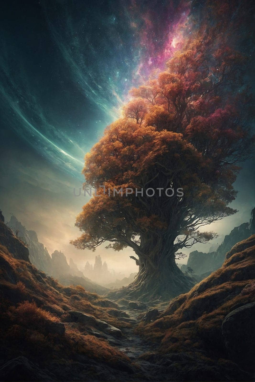 A Painting of a Tree in the Middle of a Field. Generative AI. by artofphoto