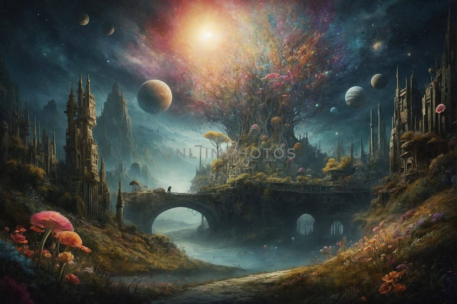 This photo depicts a painting of a bridge set within a fantasy landscape.