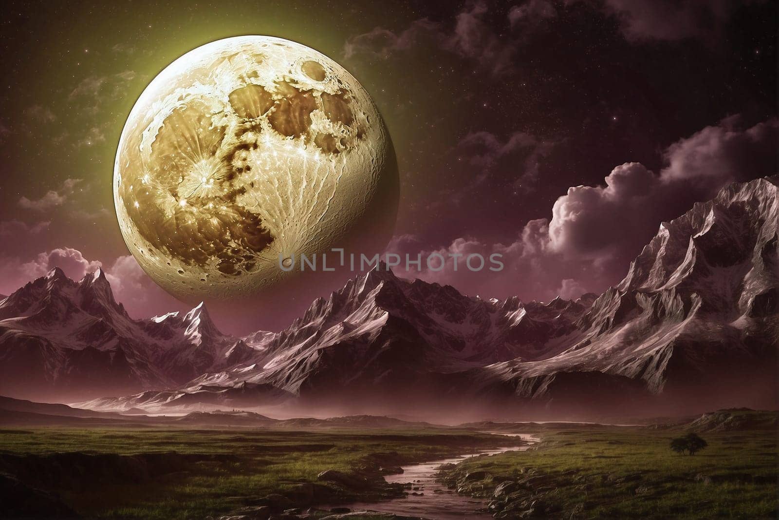 Purple Moon Illuminates Mountain Range in Night Sky. Generative AI. by artofphoto