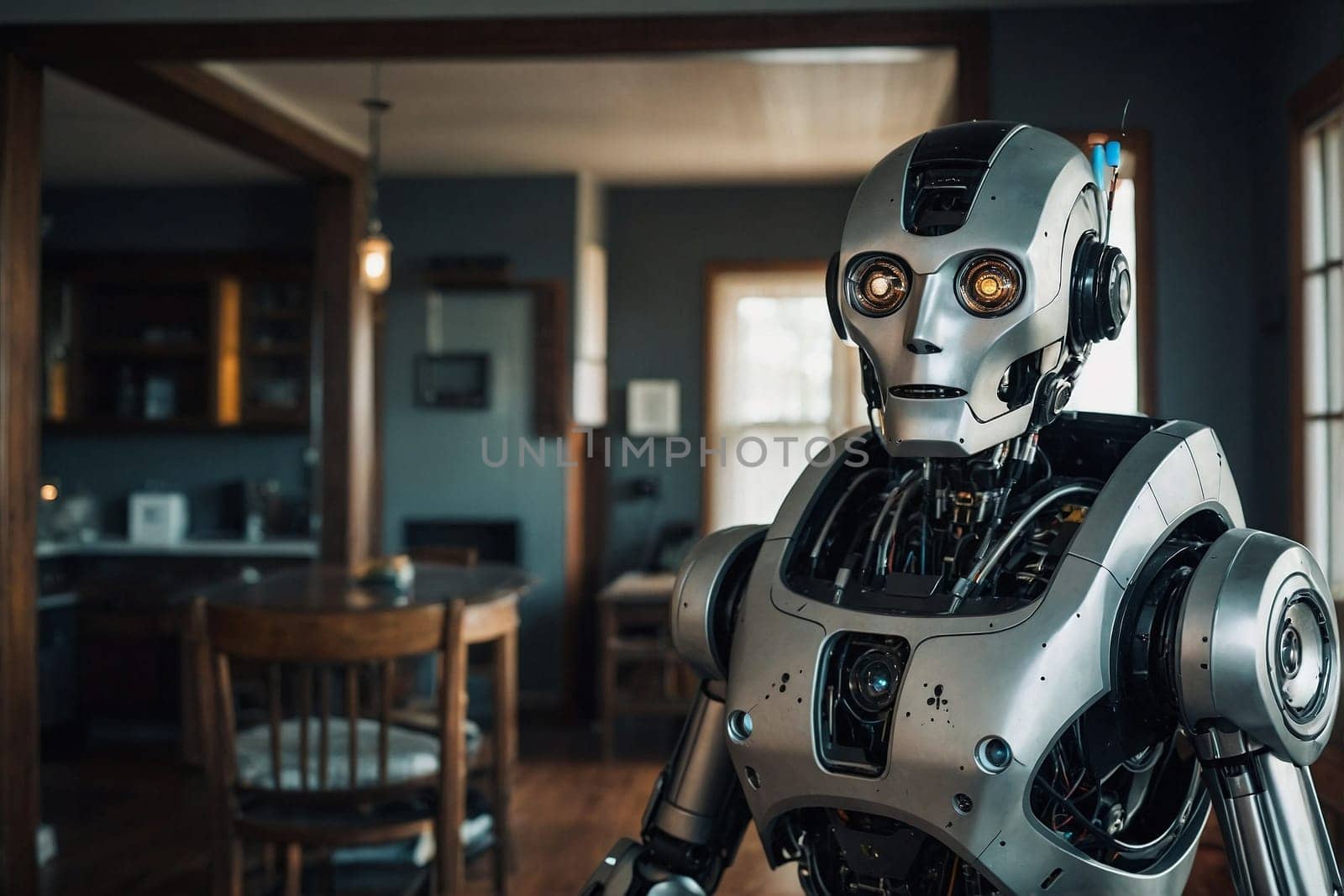 A robot stands in a modern kitchen, positioned alongside a table.